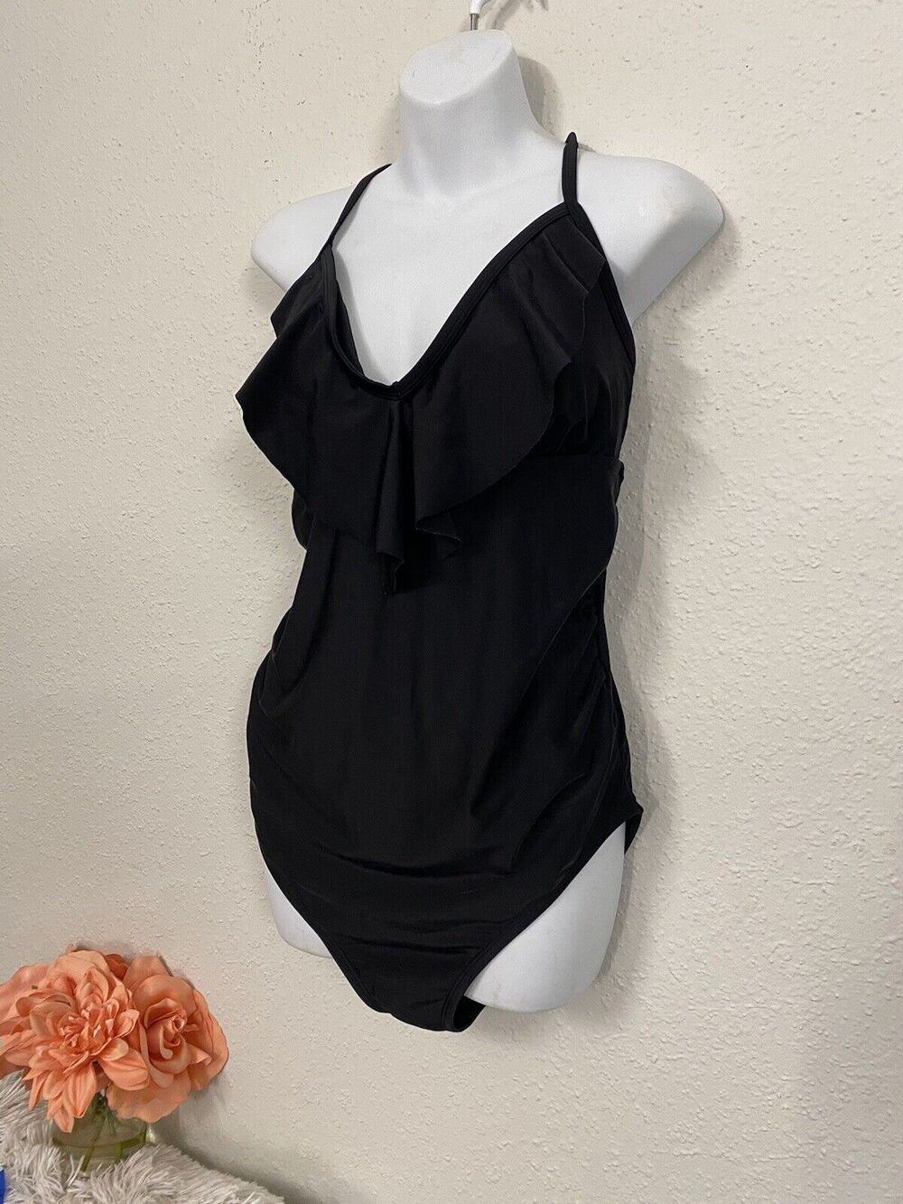 Isabel Maternity Size Large Black Flutter Top One Piece Bathing Suit Swimsuit